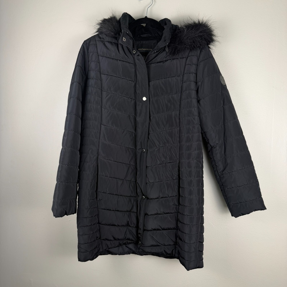Weatherproof Puffer Jacket Women's Large Black Faux Fur‎ Trimmed Hood Full Zip